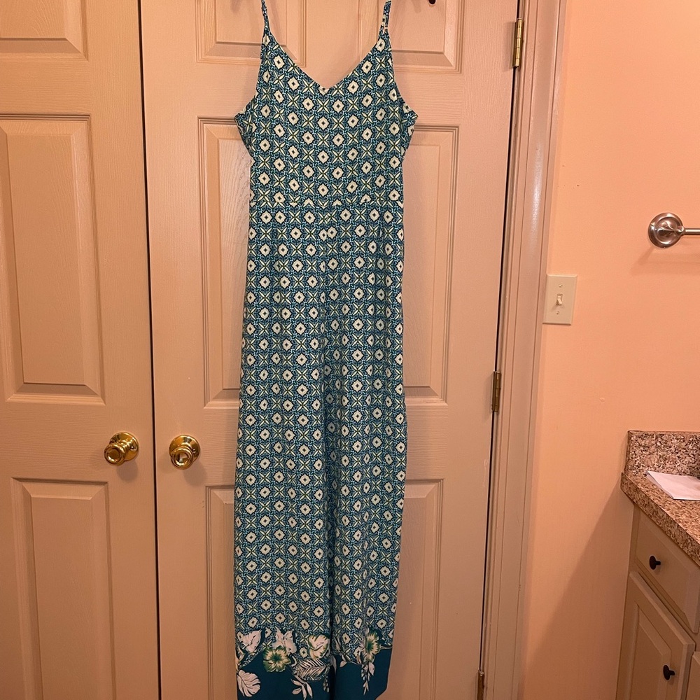 Kaari Blue Green/Blue Skinny Strap Wide Leg Jumper w/Pockets, Tie Waist, Size 14